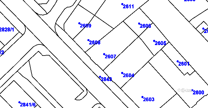 Parcela st. 2607 v KÚ Chomutov I, Katastrální mapa