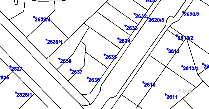 Parcela st. 2635 v KÚ Chomutov I, Katastrální mapa
