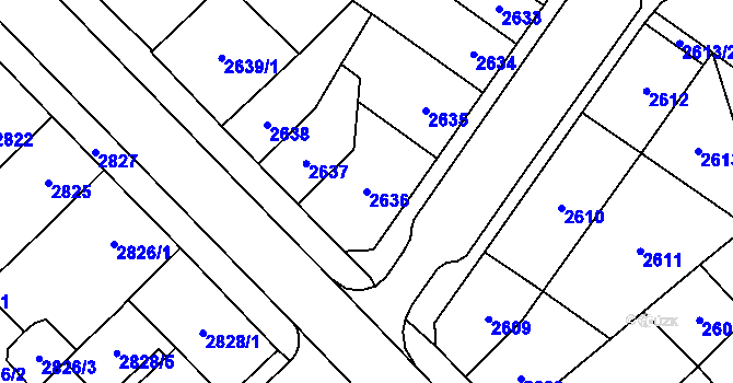 Parcela st. 2636 v KÚ Chomutov I, Katastrální mapa