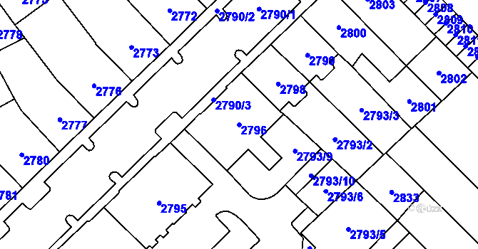 Parcela st. 2796 v KÚ Chomutov I, Katastrální mapa