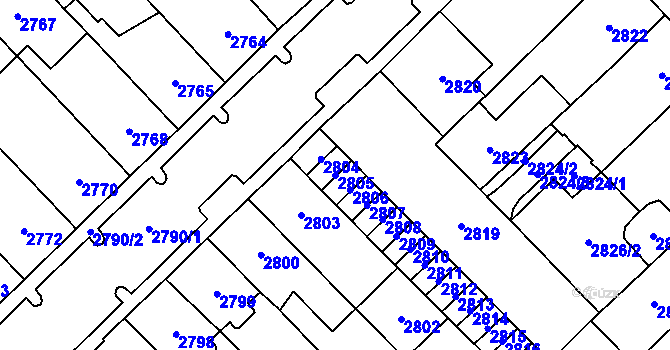 Parcela st. 2805 v KÚ Chomutov I, Katastrální mapa