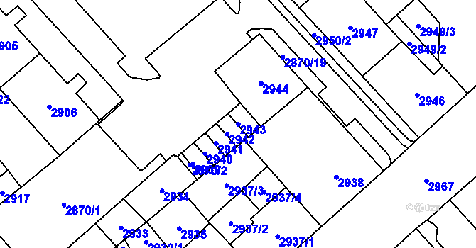 Parcela st. 2943 v KÚ Chomutov I, Katastrální mapa