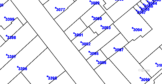 Parcela st. 3092 v KÚ Chomutov I, Katastrální mapa
