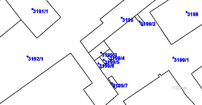 Parcela st. 3199/3 v KÚ Chomutov I, Katastrální mapa