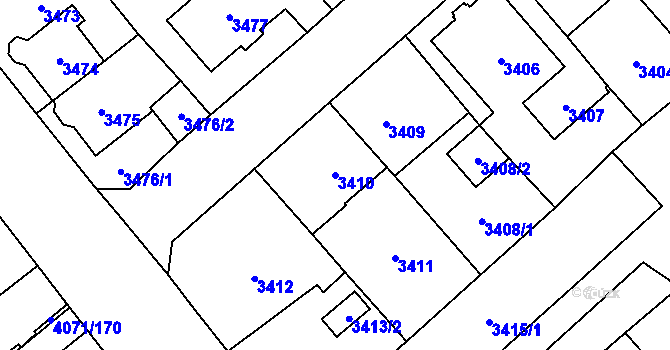Parcela st. 3410 v KÚ Chomutov I, Katastrální mapa