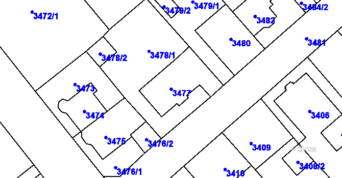 Parcela st. 3477 v KÚ Chomutov I, Katastrální mapa