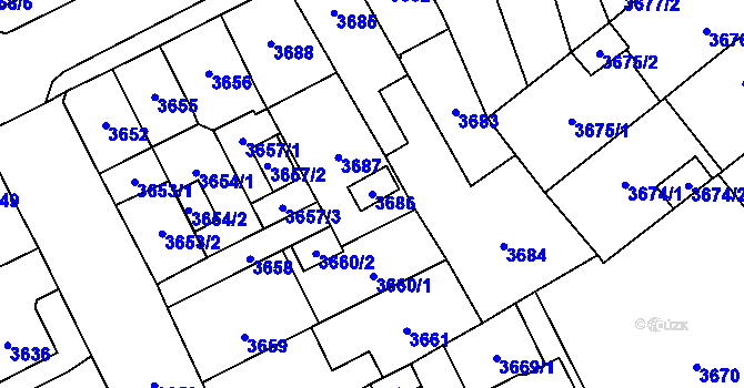 Parcela st. 3686 v KÚ Chomutov I, Katastrální mapa
