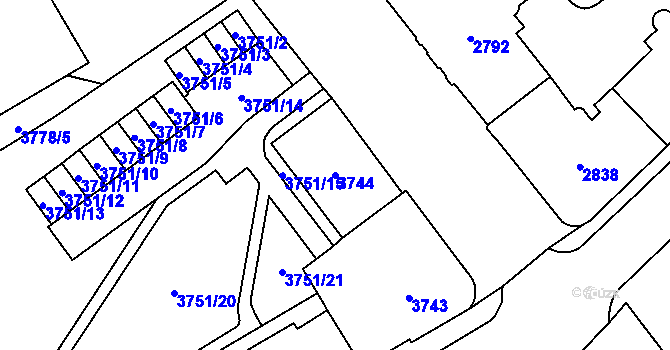 Parcela st. 3744 v KÚ Chomutov I, Katastrální mapa
