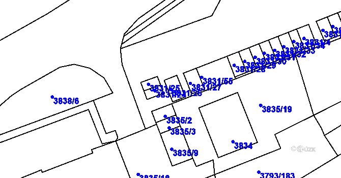 Parcela st. 3831/26 v KÚ Chomutov I, Katastrální mapa