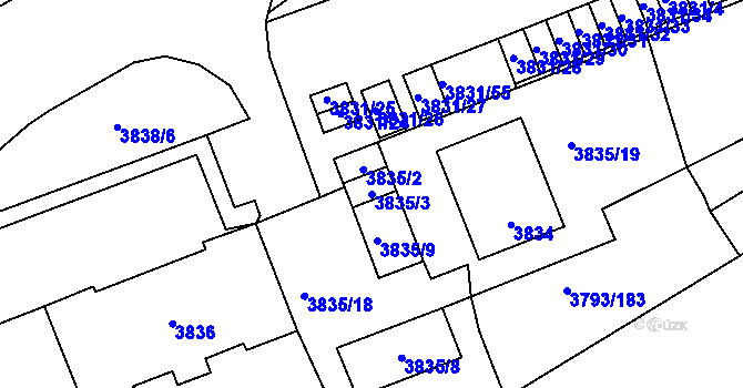 Parcela st. 3835/3 v KÚ Chomutov I, Katastrální mapa