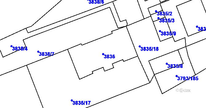 Parcela st. 3836 v KÚ Chomutov I, Katastrální mapa