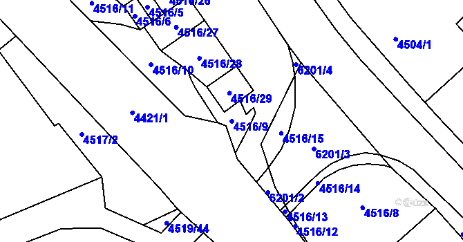 Parcela st. 4516/9 v KÚ Chomutov I, Katastrální mapa