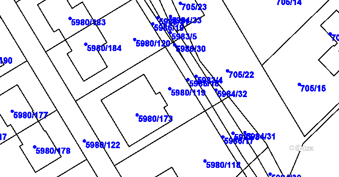Parcela st. 5980/119 v KÚ Chomutov I, Katastrální mapa