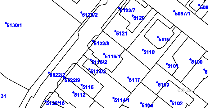 Parcela st. 5116/1 v KÚ Chomutov I, Katastrální mapa