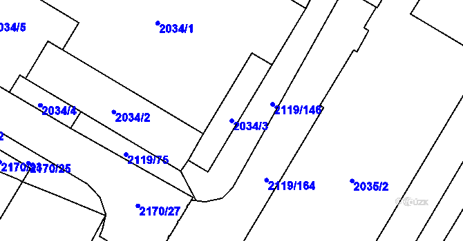 Parcela st. 2034/3 v KÚ Chomutov I, Katastrální mapa