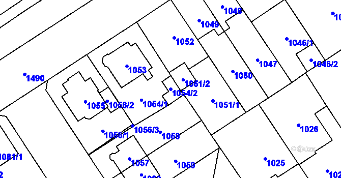 Parcela st. 1054/2 v KÚ Chomutov I, Katastrální mapa