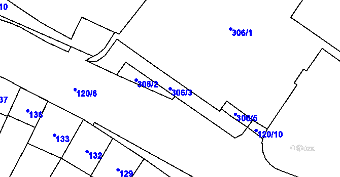 Parcela st. 306/3 v KÚ Chomutov I, Katastrální mapa