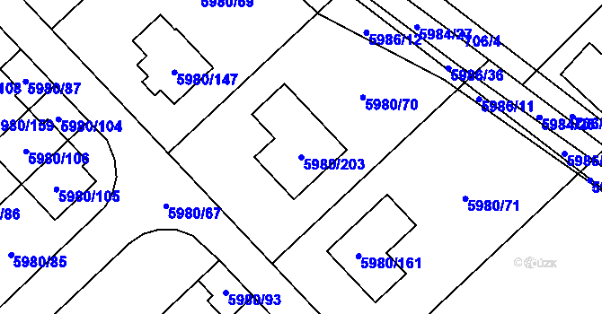 Parcela st. 5980/203 v KÚ Chomutov I, Katastrální mapa