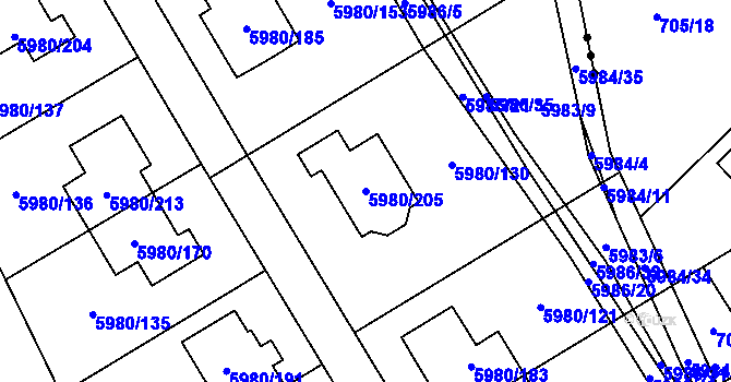 Parcela st. 5980/205 v KÚ Chomutov I, Katastrální mapa