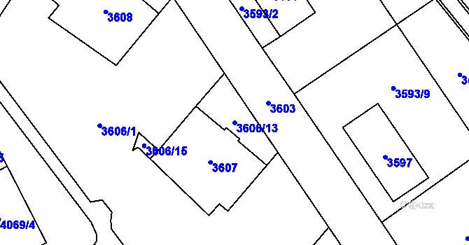 Parcela st. 3606/13 v KÚ Chomutov I, Katastrální mapa
