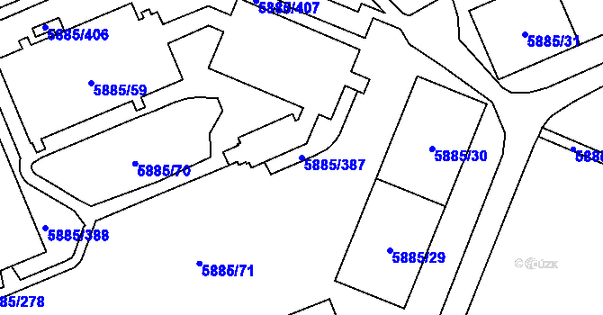 Parcela st. 5885/387 v KÚ Chomutov I, Katastrální mapa