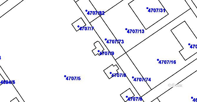 Parcela st. 4707/9 v KÚ Chomutov I, Katastrální mapa
