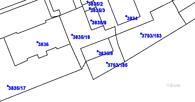 Parcela st. 3835/8 v KÚ Chomutov I, Katastrální mapa