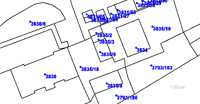 Parcela st. 3835/9 v KÚ Chomutov I, Katastrální mapa