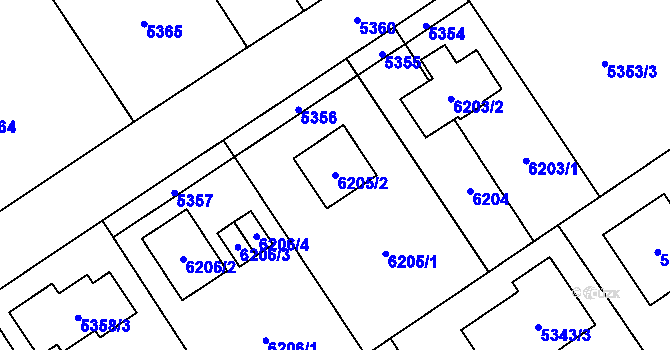 Parcela st. 6205/2 v KÚ Chomutov I, Katastrální mapa