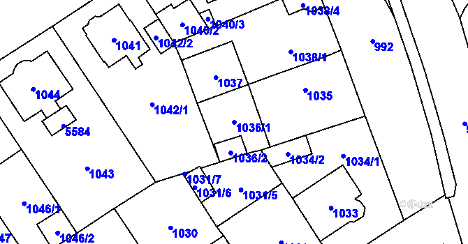 Parcela st. 1036/1 v KÚ Chomutov I, Katastrální mapa