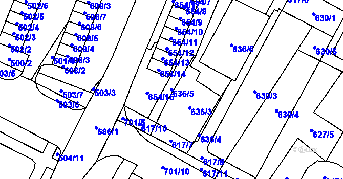Parcela st. 636/5 v KÚ Chomutov I, Katastrální mapa