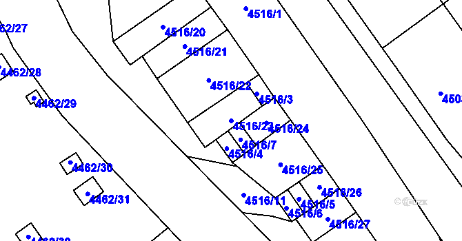 Parcela st. 4516/23 v KÚ Chomutov I, Katastrální mapa