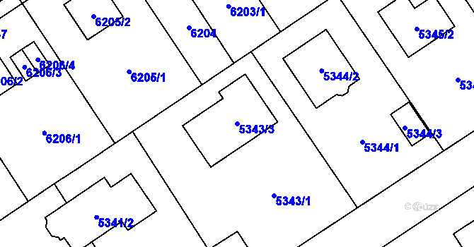 Parcela st. 5343/3 v KÚ Chomutov I, Katastrální mapa