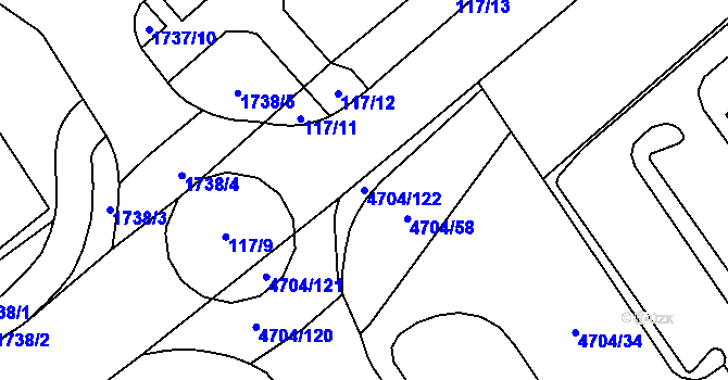 Parcela st. 4704/122 v KÚ Chomutov I, Katastrální mapa