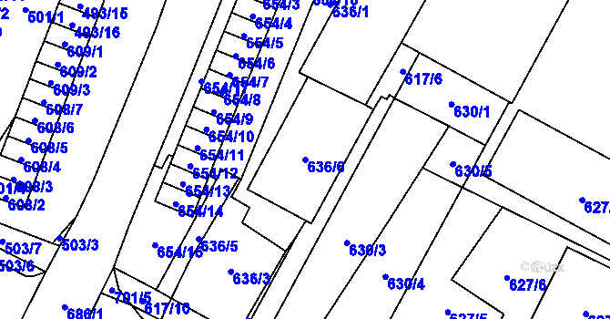 Parcela st. 636/6 v KÚ Chomutov I, Katastrální mapa