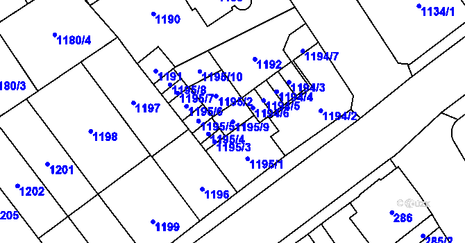 Parcela st. 1195/9 v KÚ Chomutov I, Katastrální mapa