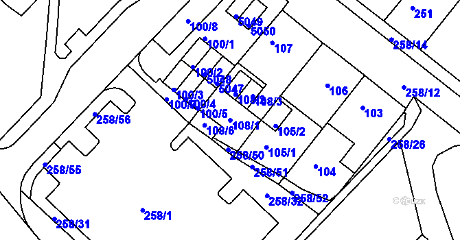 Parcela st. 108/1 v KÚ Chomutov II, Katastrální mapa
