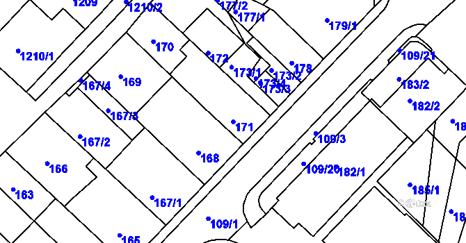 Parcela st. 171 v KÚ Chomutov II, Katastrální mapa