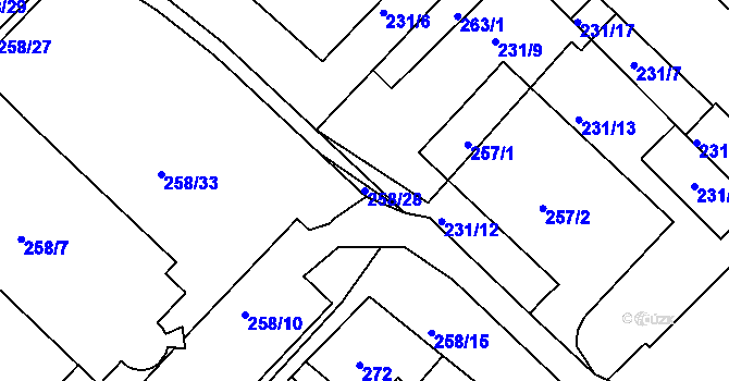 Parcela st. 258/28 v KÚ Chomutov II, Katastrální mapa