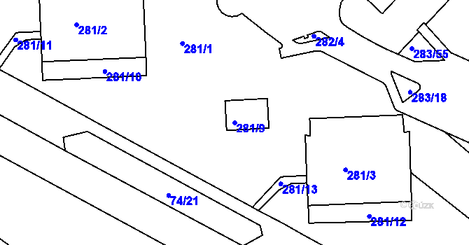 Parcela st. 281/9 v KÚ Chomutov II, Katastrální mapa