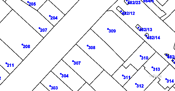 Parcela st. 308 v KÚ Chomutov II, Katastrální mapa
