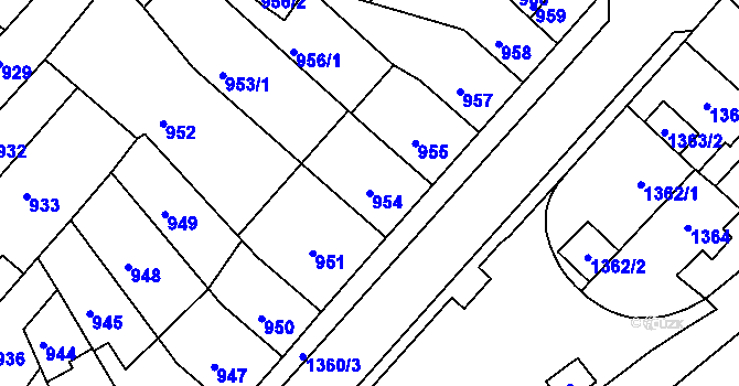 Parcela st. 954 v KÚ Chomutov II, Katastrální mapa