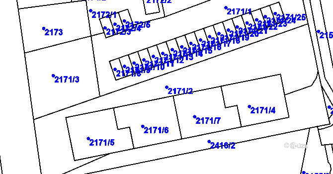 Parcela st. 2171/2 v KÚ Chomutov II, Katastrální mapa