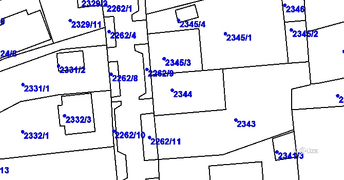 Parcela st. 2344 v KÚ Chomutov II, Katastrální mapa