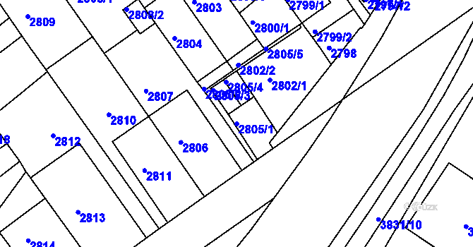 Parcela st. 2805/1 v KÚ Chomutov II, Katastrální mapa