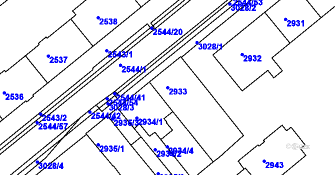 Parcela st. 2933 v KÚ Chomutov II, Katastrální mapa