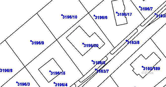 Parcela st. 3196/20 v KÚ Chomutov II, Katastrální mapa