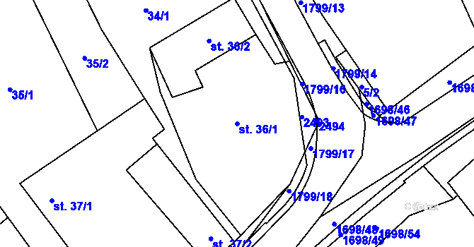 Parcela st. 36/1 v KÚ Chornice, Katastrální mapa