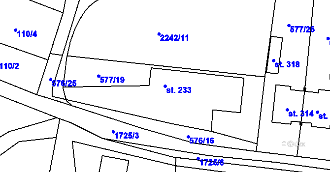Parcela st. 233 v KÚ Chornice, Katastrální mapa