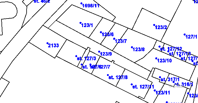 Parcela st. 123/9 v KÚ Chornice, Katastrální mapa